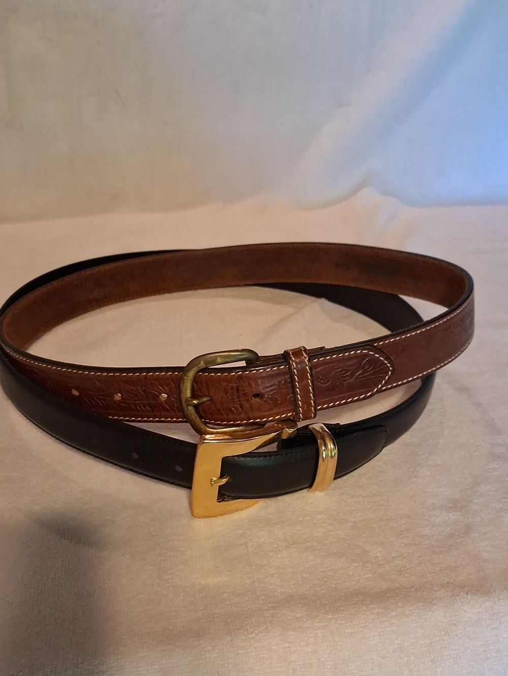 Women's Two-Belt Set — Brown Embossed & Black Leather with Gold Buckles